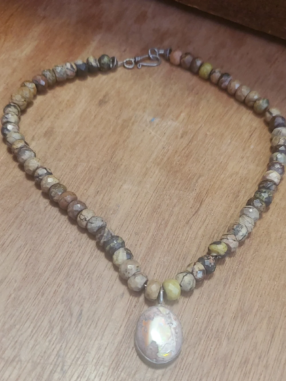 Beaded Opal Pendant Necklace in Neutral Tones - D